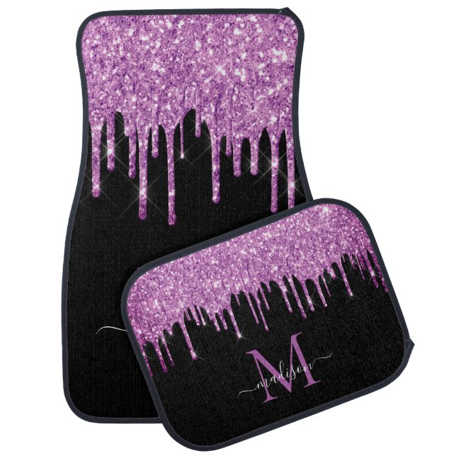 Black Purple Dripping Glitter Sparkle Monogram Car Floor Mat (Set)