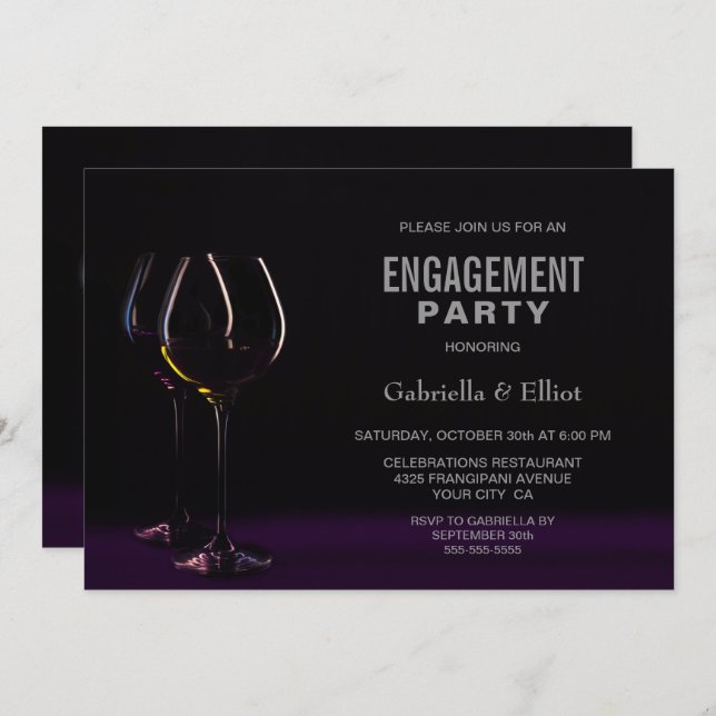 Black Purple Engagement Party Wine Glass Invitation (Front/Back)