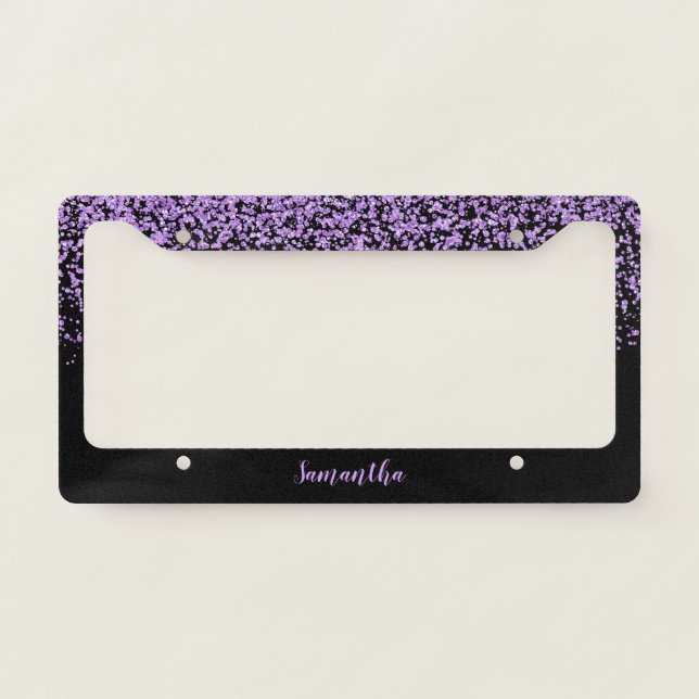 Black Purple Faux Glitter Personalized License Plate Frame (Front)