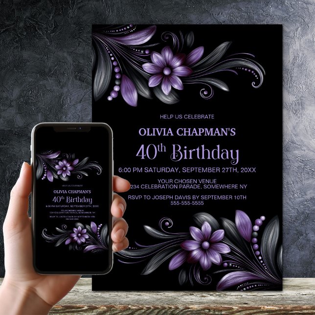 Black Purple Floral 40th Birthday Party Invitation (Creator Uploaded)