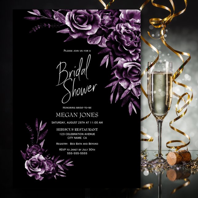 Black Purple Floral Bridal Shower Invitation