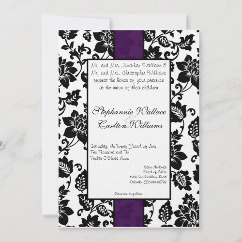 BlackPurple Floral Damask Wedding Invitation