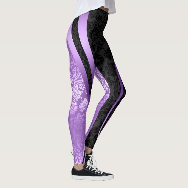 Black & Purple Floral Damasks Geometric Design  Leggings (Right)