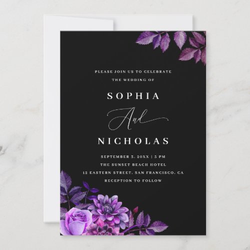 Black wedding invitation. Purple flowers invite