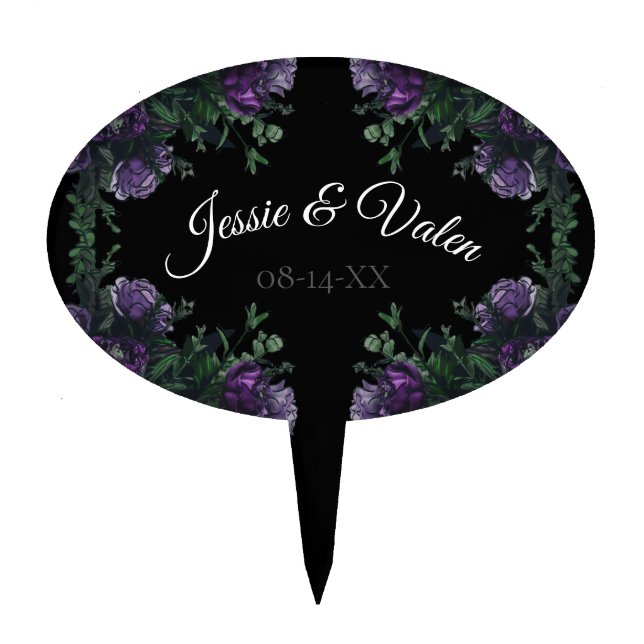 Black Purple Floral Elegant Wedding Gothic Cake Topper (Front)
