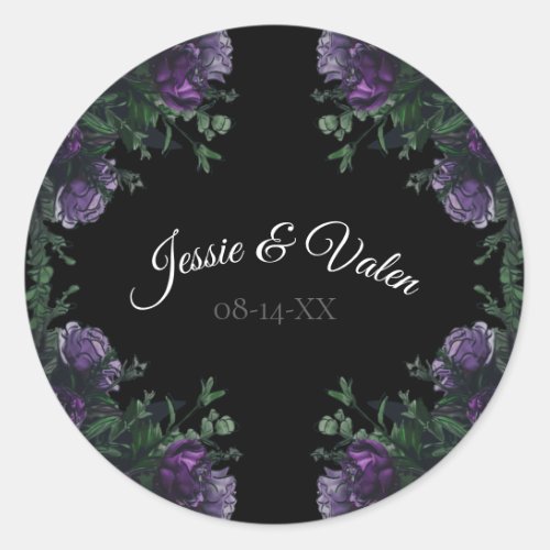 Black Purple Floral Elegant Wedding Gothic Classic Round Sticker