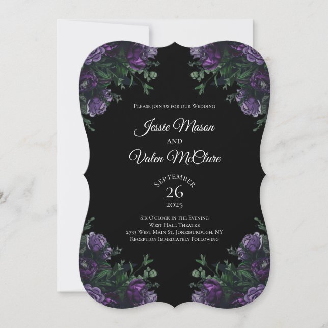 Black Purple Floral Elegant Wedding Gothic Invitation (Front)