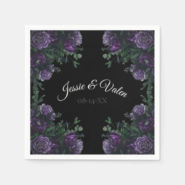 Black Purple Floral Elegant Wedding Gothic Napkins (Front)