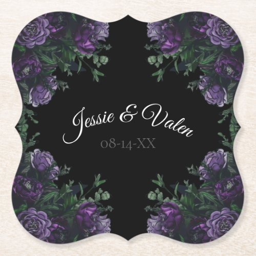 Black Purple Floral Elegant Wedding Gothic Paper Coaster