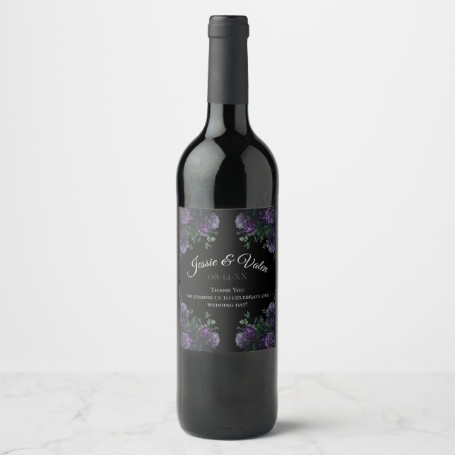 Black Purple Floral Elegant Wedding Gothic Wine Label (Front)