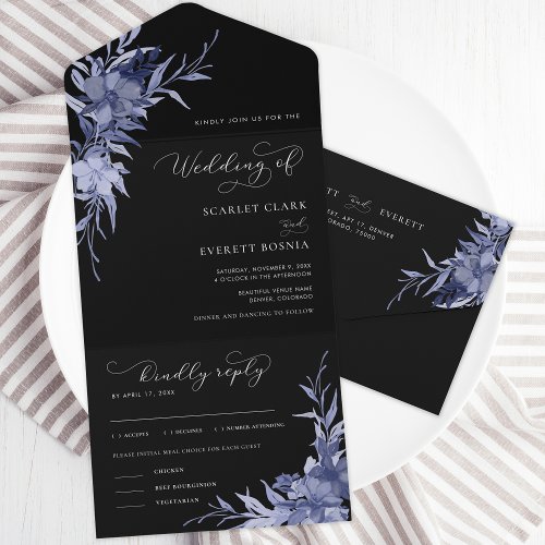 Black Purple Floral Moody Calligraphy Wedding Of All In One Invitation