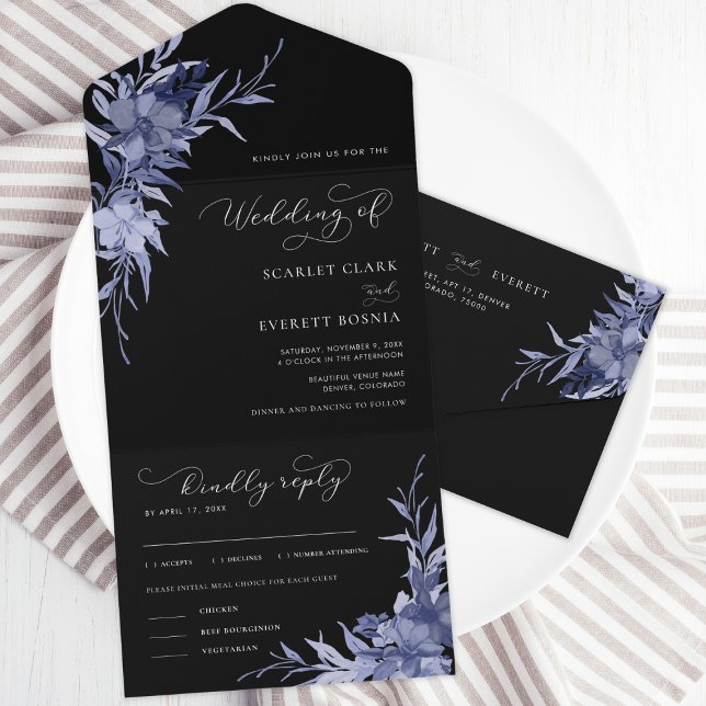 Black Purple Floral Moody Calligraphy Wedding Of All In One Invitation (Creator Uploaded)