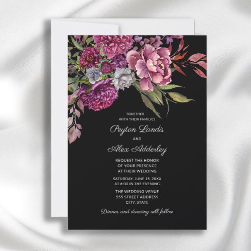 Black Purple Floral Moody Elegant Wedding Invitation