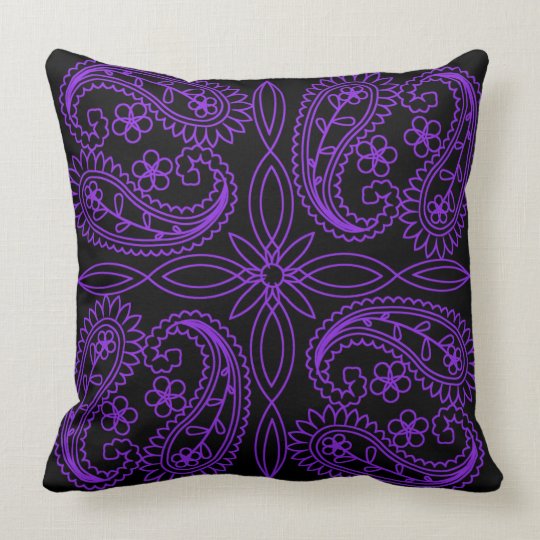 Black & Purple Floral Paisley Pattern Throw Pillow ...