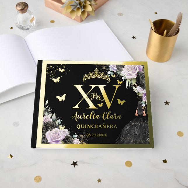 Black Purple Floral Quinceañera Quince 15 XV Gold Foil Guest Book (Front Open)
