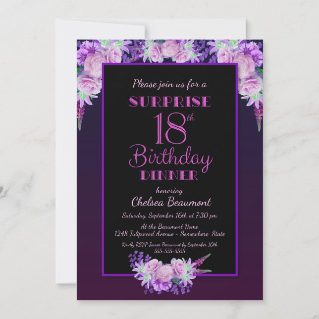 Black Purple Floral Surprise 18th Birthday Dinner Invitation (Front)