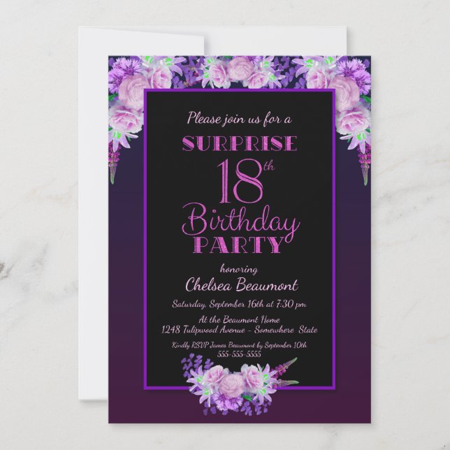 Black & Purple Floral Surprise 18th Birthday Party Invitation (Front)