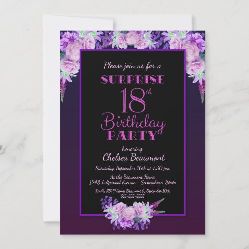 Black  Purple Floral Surprise 18th Birthday Party Invitation