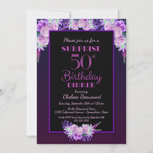 Black Purple Floral Surprise 50th Birthday Dinner Invitation