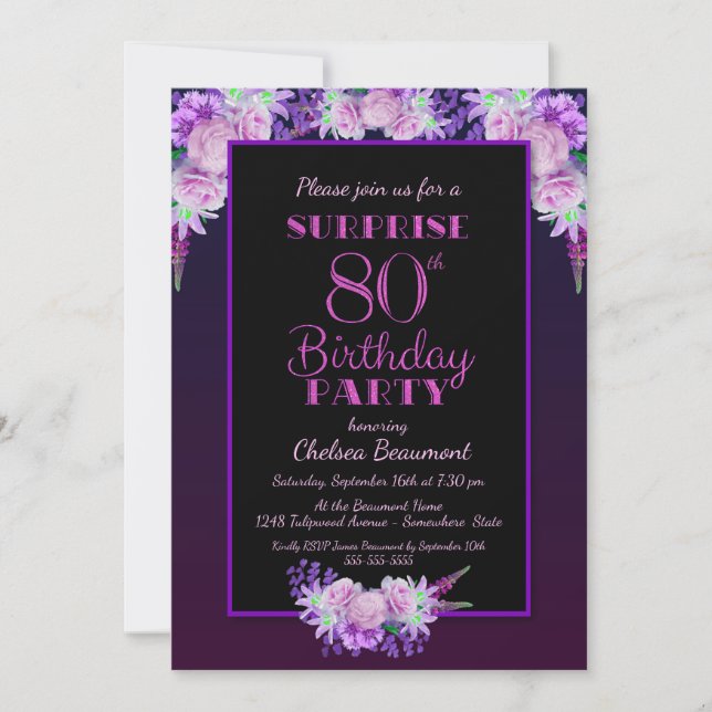 Black & Purple Floral Surprise 80th Birthday Party Invitation (Front)