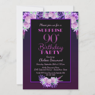 Black & Purple Floral Surprise 90th Birthday Party Invitation