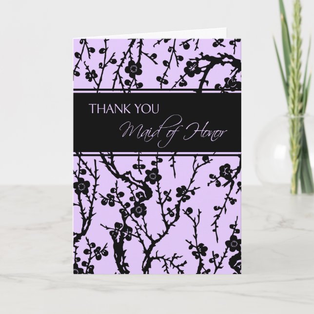 Black & Purple Floral Thank You Maid of Honor Card (Front)
