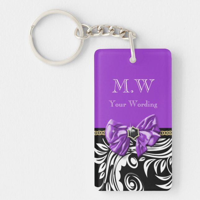 Black purple Flower swirl floral pattern Keychain (Front)