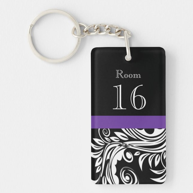 Black purple Flower swirl floral pattern Keychain (Front)
