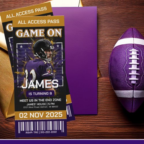Black & Purple Football Ticket Birthday Invitation