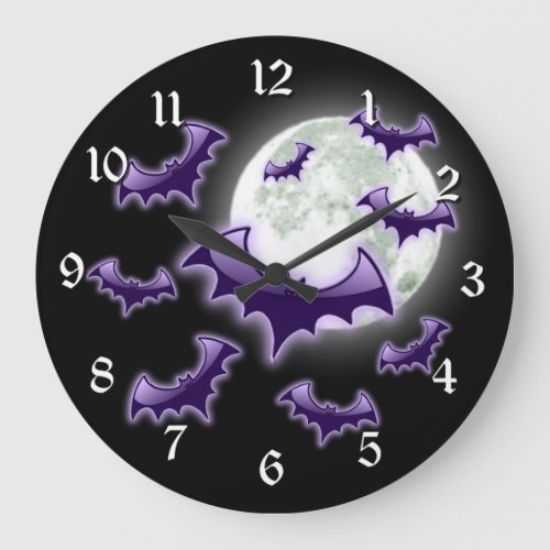 Black  Purple Full Moon Bats Large Clock
