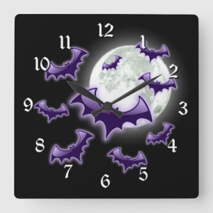 Black & Purple Full Moon Bats Square Wall Clock