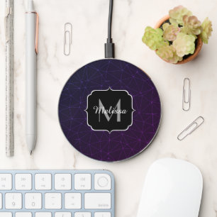 Black purple geometry triangl mesh patern Monogram Wireless Charger