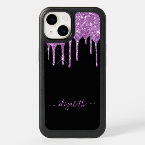 Black purple gitter drips name OtterBox iPhone 14 case