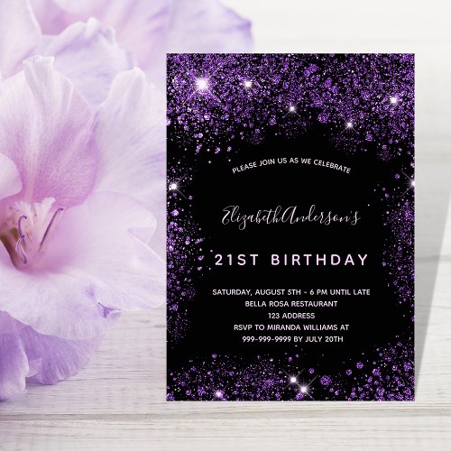 Black purple glitter birthday invitation