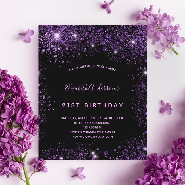 Black purple glitter birthday invitation (Creator Uploaded)