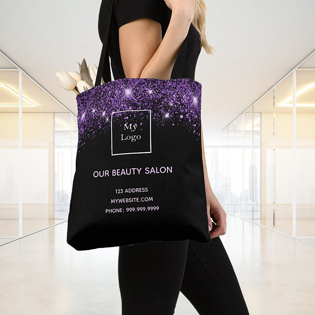 Black purple glitter business logo beauty salon tote bag (Creator Uploaded)