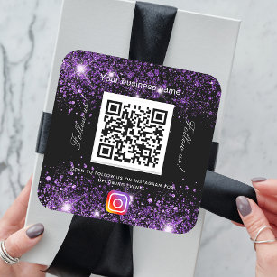 Black purple glitter businessqr code instagram  square sticker
