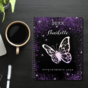 Black purple glitter butterfly name script planner