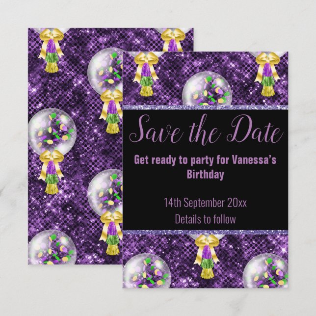 BLACK PURPLE GLITTER CELEBRATION SAVE THE DATE RSV RSVP CARD (Front/Back)