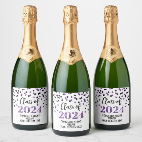 Black Purple Glitter Confetti Graduation Sparkling Wine Label