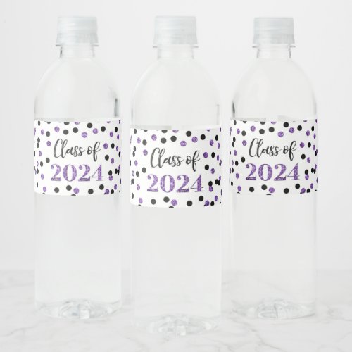 Black Purple Glitter Confetti Graduation Water Bottle Label