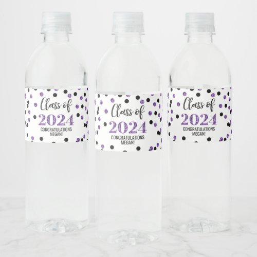 Black Purple Glitter Confetti Graduation Water Bottle Label