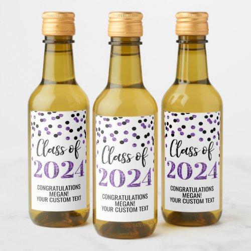 Black Purple Glitter Confetti Graduation Wine Label