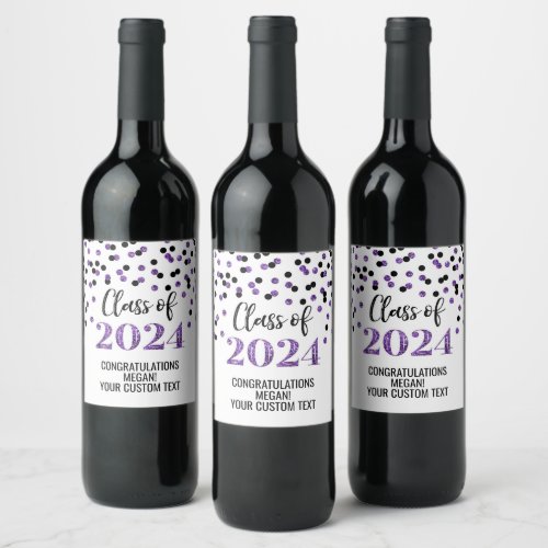 Black Purple Glitter Confetti Graduation Wine Label