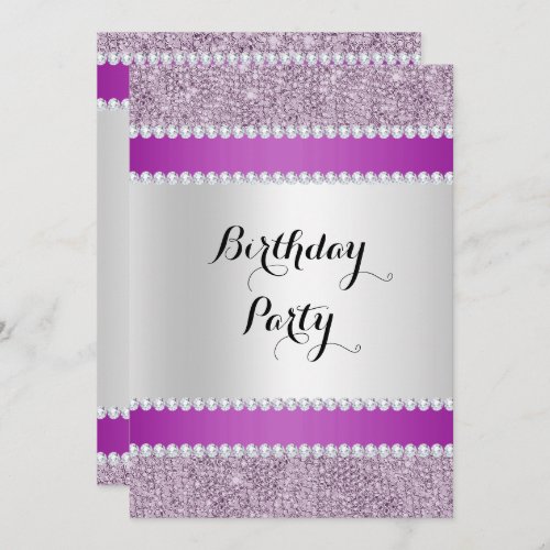 Black  Purple Glitter  Diamonds Birthday Invitation