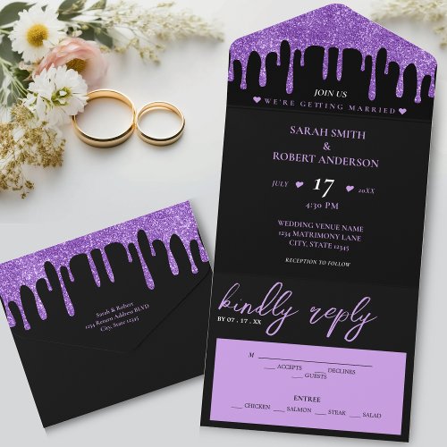 Black  Purple Glitter Drip Wedding All In One Invitation