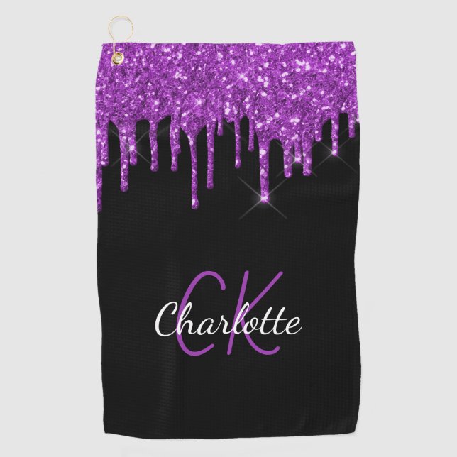 Black purple glitter drips custom monogram name golf towel (Front)