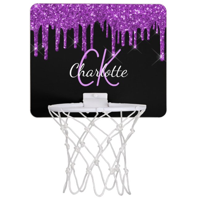 Black purple glitter drips custom monogram name mini basketball hoop (Front)
