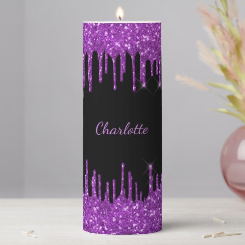 Black purple glitter drips custom monogram name pillar candle