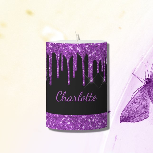 Black purple glitter drips custom monogram name pillar candle (Creator Uploaded)
